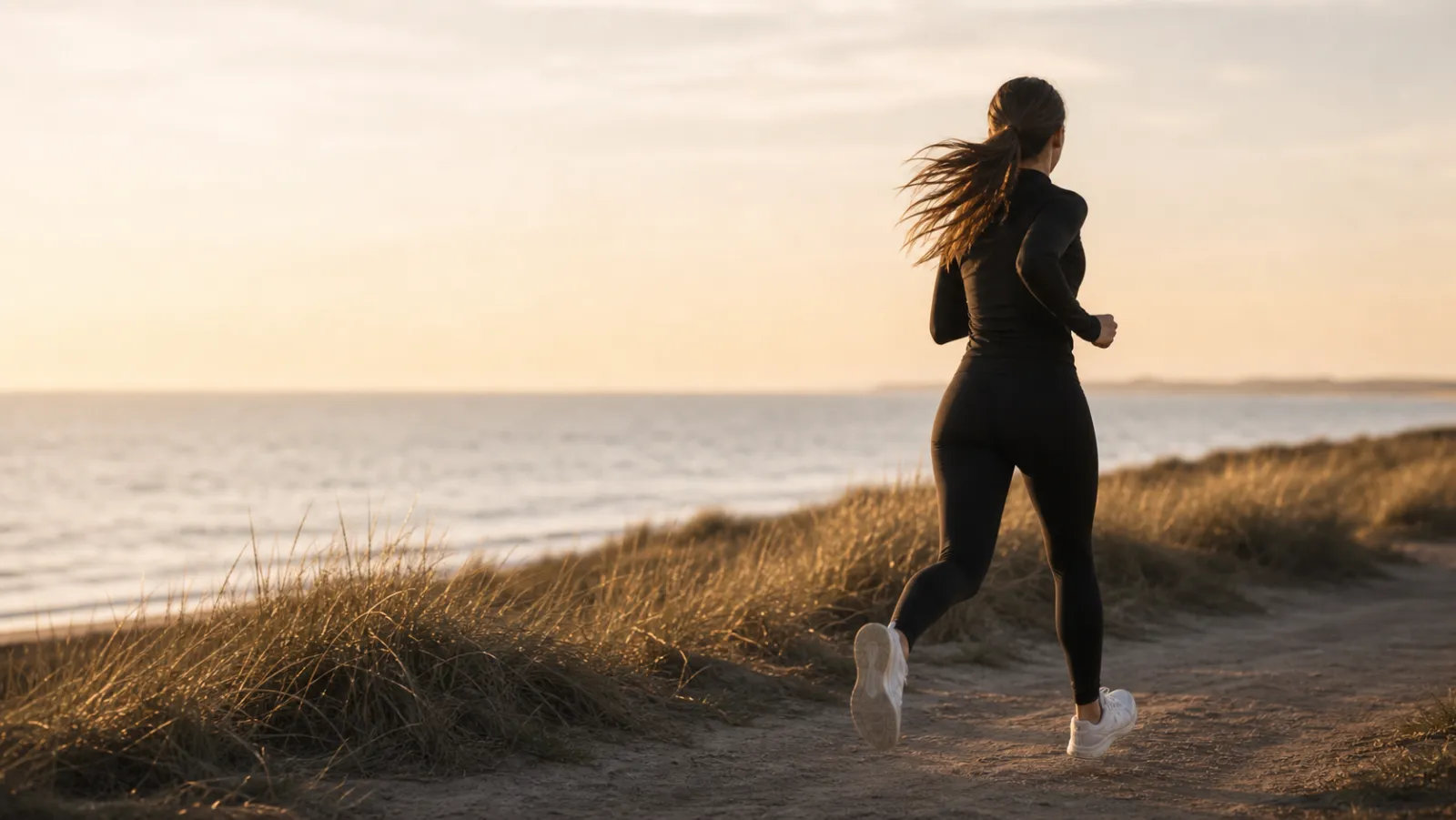 A woman running by the sea at dawn in black activewear