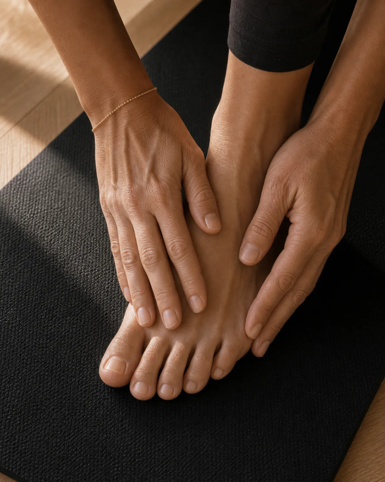 Instructor hands adjusting alignment on a black mat